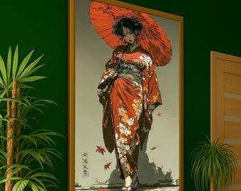 Geisha with Red Umbrella Canvas Print, Japanese Wall Decoration, Oriental Wall Art Ready to Hang, Elegant Asian Wall Decor