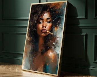 Bold Portrait of Woman with Cigar, Contemporary Abstract Canvas, Afro Hair Wall Art, Modern Urban Decor, Artistic Face Canvas