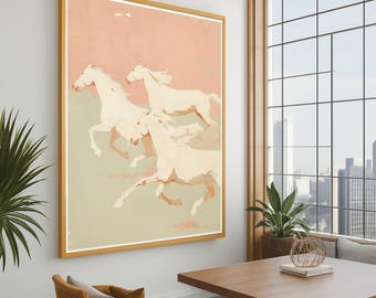 抽象的なピンクの馬の絵画キャンバスプリント、額入りですぐに掛けられ