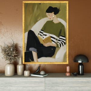 Cozy Reading Decor, Minimal Woman Canvas Print, Soft Home Decor, Relaxing Wall Art, Book Lover Print image 2