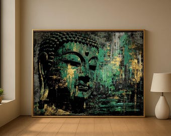 Serene Buddha Face Canvas Wall Art, Abstract Spiritual Green Gold Canvas, Meditation Room Decor, Zen Home Decoration