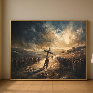 Jesus Carrying Cross Canvas, Biblical Wall Art, Religious Print Decor, Large Christian Canvas, Spiritual Home Decoration image 1