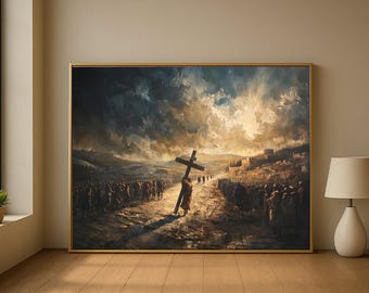 Jesus Carrying Cross Canvas, Biblical Wall Art, Religious Print Decor, Large Christian Canvas, Spiritual Home Decoration