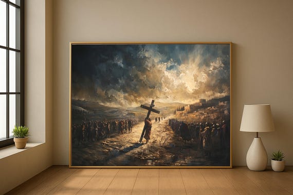 Jesus Carrying Cross Canvas, Biblical Wall Art, Religious Print Decor, Large Christian Canvas, Spiritual Home Decoration