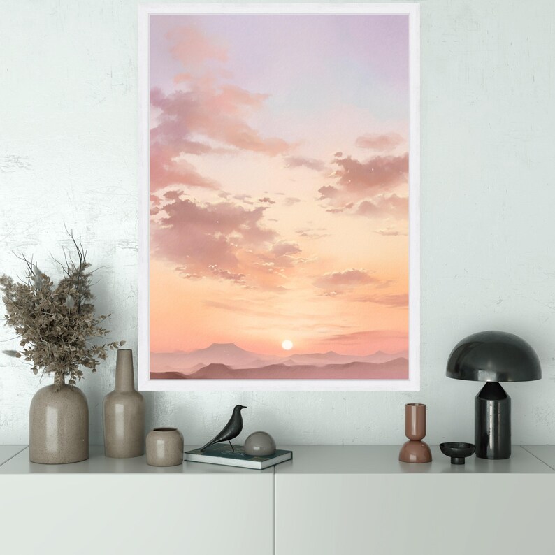 Pastellfärgad solnedgång på canvastavla – Minimalistisk mysig väggkonst, neutrala toner i landskapsväggdekoration bild 5