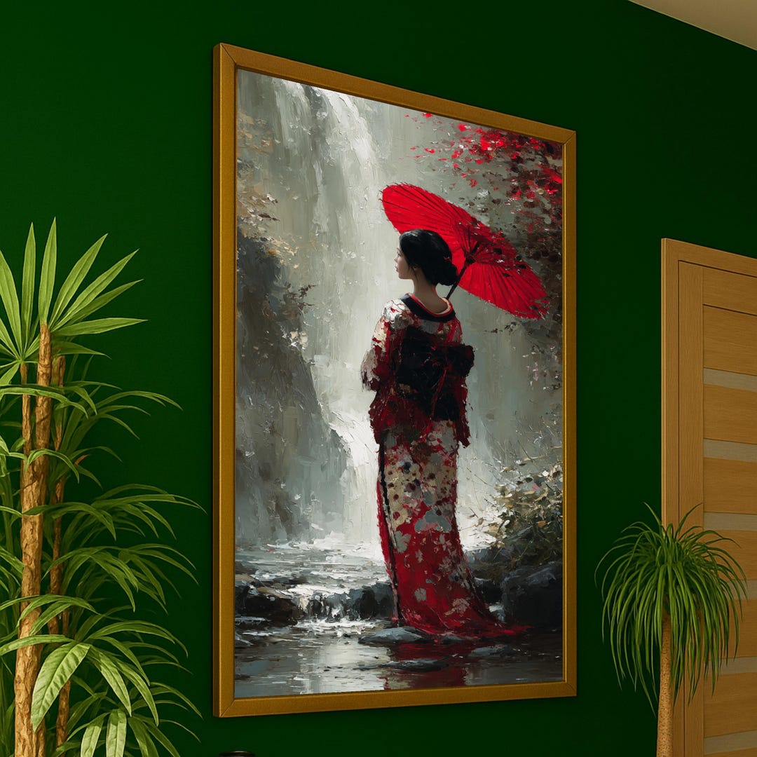 Traditional Japanese Woman Canvas Print – Red Umbrella Kimono Wall ...