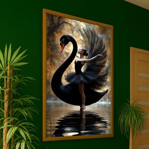 Elegant Black Swan Ballerina Dance Canvas, Graceful Ballet Art, Fantasy Wall Decor, Artistic Black Tutu Canvas, Contemporary Home Decoration