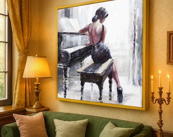 Canvasafdruk elegante vrouw pianiste – muurdecoratie muzikaal – muurkunst klassieke muziek klaar om op te hangen – canvas piano