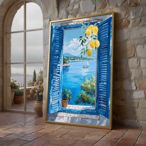 May include: A framed painting depicts a coastal scene viewed through blue shutters. The artwork showcases a vibrant blue sea, a sailboat, and a branch of lemons. The painting is set against a stone wall and a window.