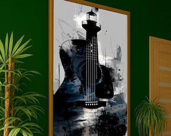 May include: Framed art print featuring a black acoustic guitar with a lighthouse superimposed over it. The artwork uses a grayscale and blue color palette with abstract brushstrokes. The print is displayed in a gold-colored frame.
