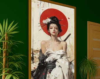 May include: A framed artwork depicts a geisha with a red sun behind her. She wears a white and black kimono, with a sword at her back. Her hair is styled with decorative hairpins and a white flower. The background is a mix of white and red.