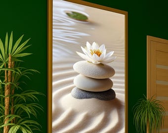 Zen Stone Stack with White Lotus Canvas, Minimalist Spa Wall Art, Tranquil Meditation Decor, Nature Balance Home Canvas