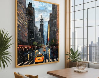 Płótno z panoramą Nowego Jorku, Sztuka Empire State Building, Dekoracja ścienna z żółtą taksówką, Płótno z miejską sceną uliczną, Sztuka nowoczesnych pejzaży miejskich