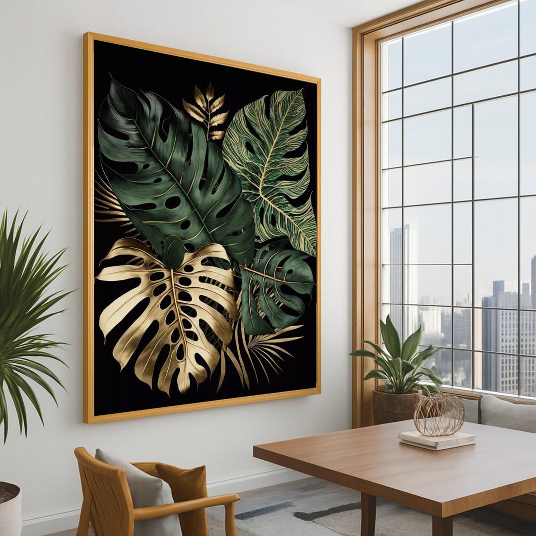 Tropical Monstera Leaves Canvas Wall Art Print, Gold Green Botanical ...