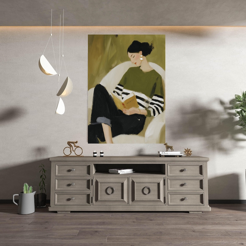 Cozy Reading Decor, Minimal Woman Canvas Print, Soft Home Decor, Relaxing Wall Art, Book Lover Print image 6