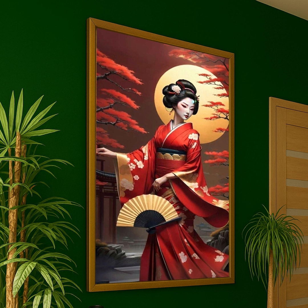Elegant Geisha in Red Kimono Canvas Print, Japanese Woman Wall Art ...