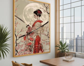 Impresión en lienzo de una mujer samurái japonesa: Geisha con katana, arte mural, decoración asiática con flores de cerezo, elegante obra de arte tradicional lista para colgar.