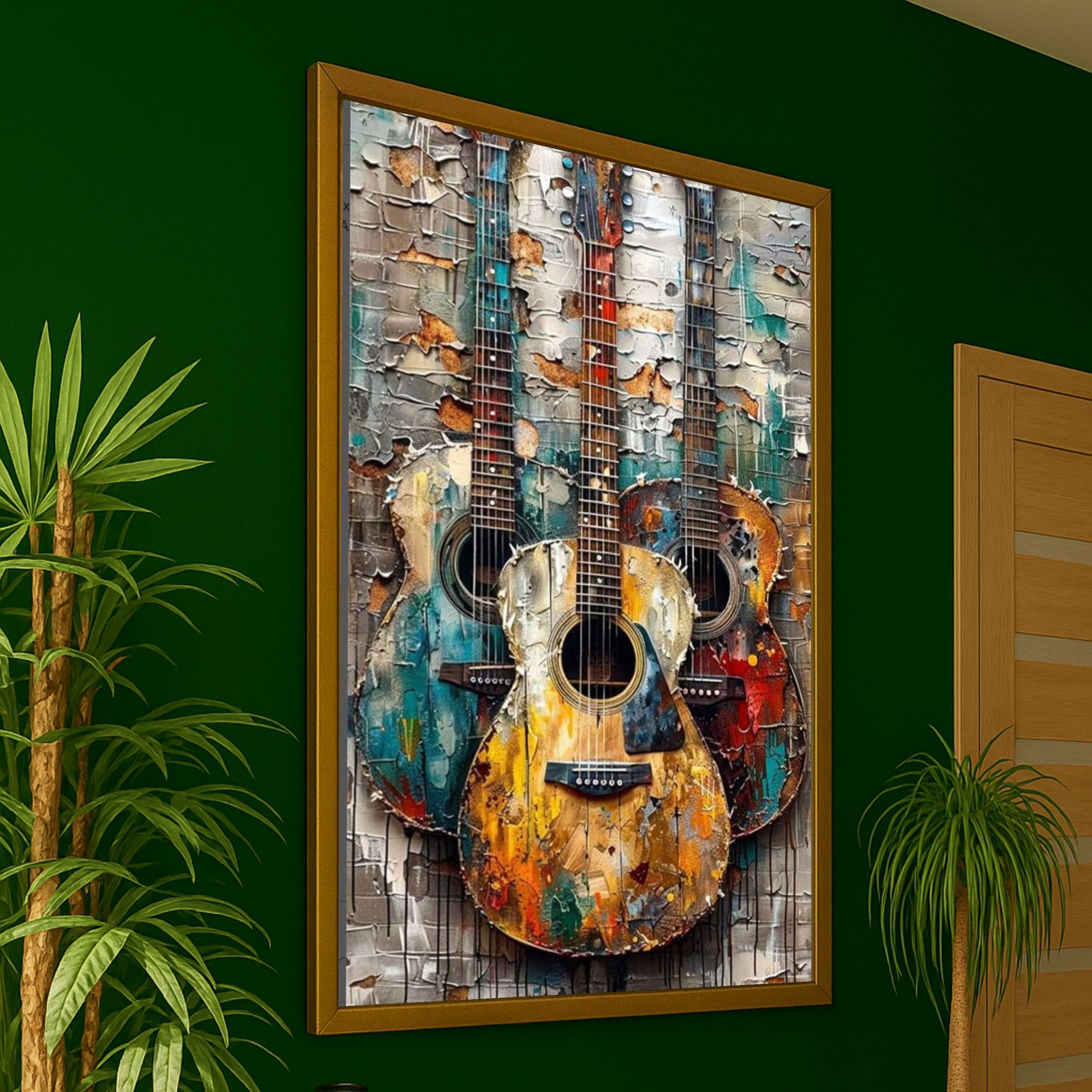 Rustic Acoustic Guitars Canvas Wall Art, Vintage Music Room