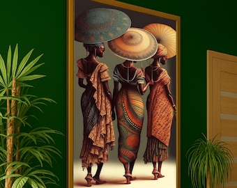 African Women in Patterned Dresses Canvas, Traditional Umbrella Wall Art, Cultural Ethnic Decor, Vibrant African Fashion Canvas