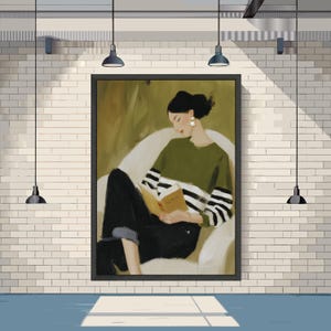 Cozy Reading Decor, Minimal Woman Canvas Print, Soft Home Decor, Relaxing Wall Art, Book Lover Print image 3