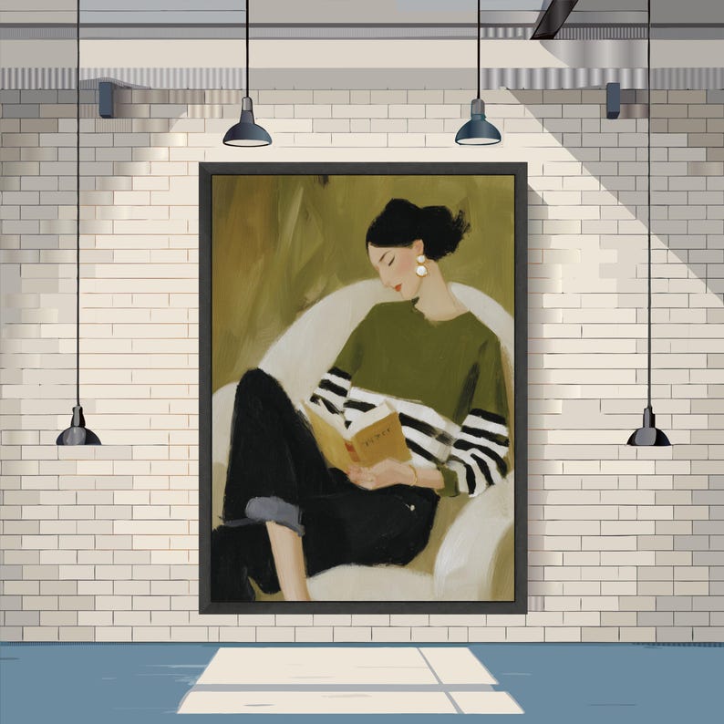 Cozy Reading Decor, Minimal Woman Canvas Print, Soft Home Decor, Relaxing Wall Art, Book Lover Print image 3
