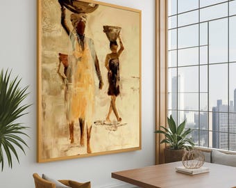 African Women Canvas Print – Ethnic Wall Art, Cultural Portrait Wall Decor, Tribal Figure Canvas, Rustic Ready to Hang Wall Decoration