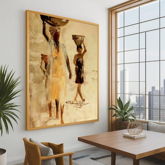 African Women Canvas Print – Ethnic Wall Art, Cultural Portrait Wall Decor, Tribal Figure Canvas, Rustic Ready to Hang Wall Decoration