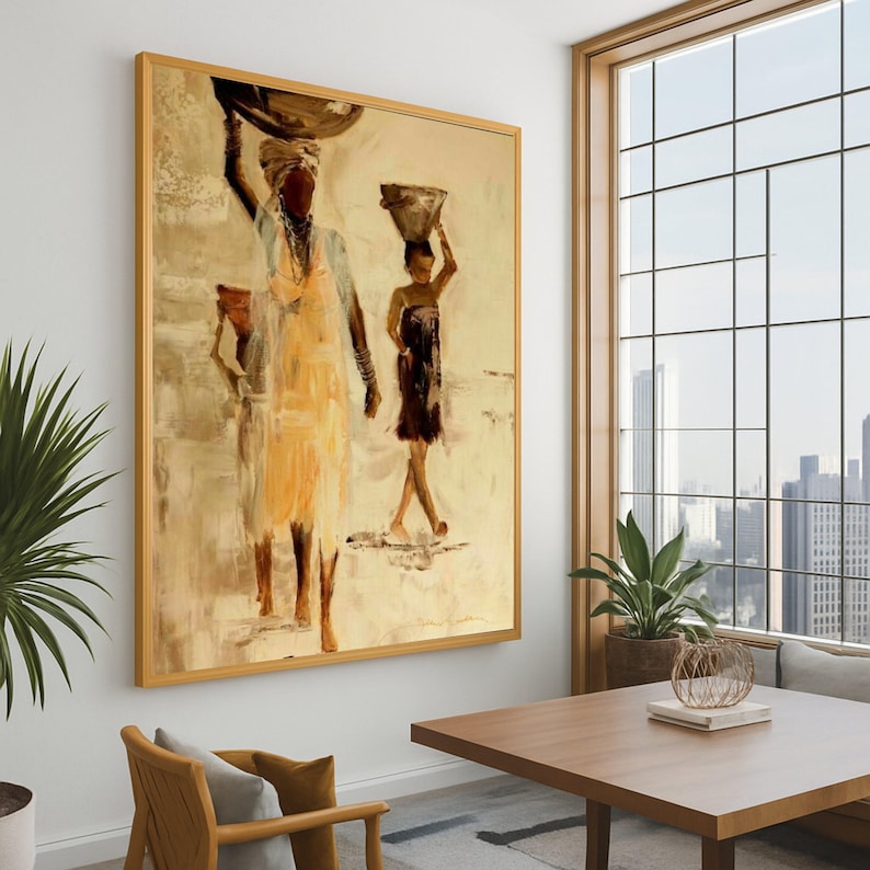 African Women Canvas Print – Ethnic Wall Art, Cultural Portrait Wall Decor, Tribal Figure Canvas, Rustic Ready to Hang Wall Decoration image 1