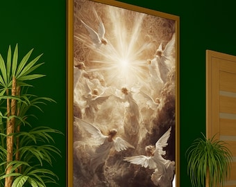 Radiant Angels Gathering, Heavenly Light Canvas, Spiritual Wall Art, Ethereal Angelic Scene, Inspirational Home Decoration