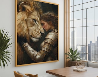 Brave Warrior Woman with Lion Canvas, Fantasy Animal Portrait Wall Art, Courage and Strength Canvas, Inspirational Home Decor, Ready to Hang
