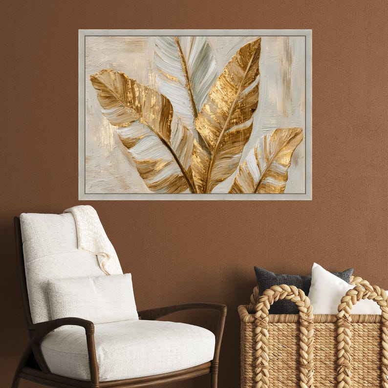 Elegant Gold and White Leaf Canvas Print – Modern Botanical Wall Decor ...