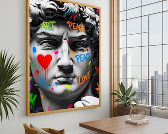 Canvasprint graffiti standbeeld – Stedelijke muurdecoratie, moderne straatkunst, eigentijds ontwerp, klaar om op te hangen