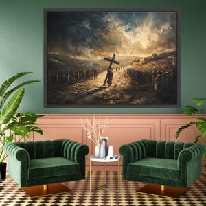 Jesus Carrying Cross Canvas, Biblical Wall Art, Religious Print Decor, Large Christian Canvas, Spiritual Home Decoration image 3