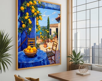 Quadro em tela com estampa de limoeiro mediterrâneo – Arte de parede para cozinha com tema litorâneo