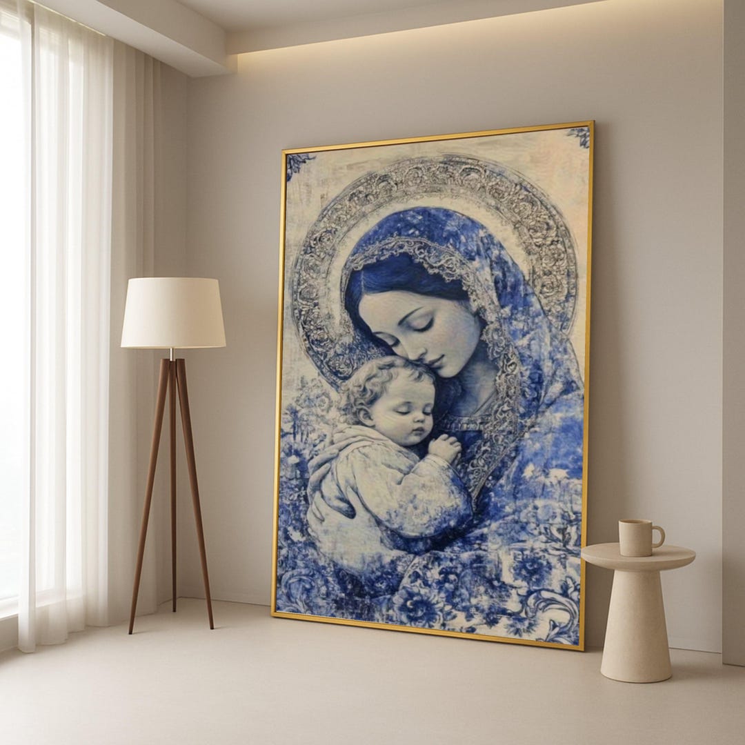 Blue Madonna and Child Canvas Print – Virgin Mary Art, Religious Wall ...