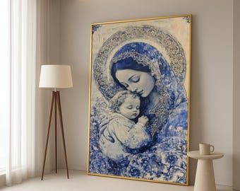 Blue Madonna and Child Canvas Print – Virgin Mary Art, Religious Wall Decoration, Spiritual Home Decor, Ready to Hang Canvas