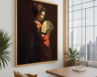 Elegante stampa su tela con ritratto di geisha – Decorazione murale giapponese, moderna decorazione murale per la casa, arredamento culturale per la casa, tela orientale