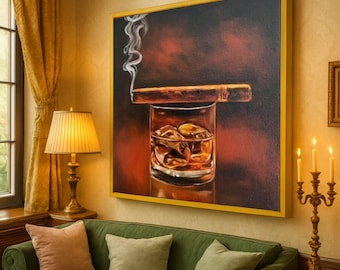 Whiskey and Cigar Canvas Print - Luxury Bar Wall Decor & Wall Art Ready to Hang - Masculine Lounge Decoration
