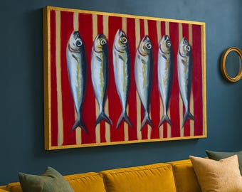 Rustic Sardine Fish Canvas, Nautical Seafood Wall Art, Bold Red Stripe Kitchen Decor, Coastal Canvas Decoration, Ready to Hang