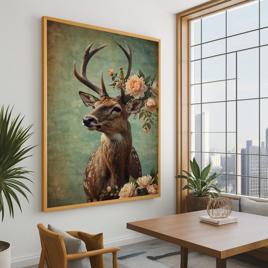 Deer With Floral Antlers Canvas Print – Rustic Wildlife Wall Art ...