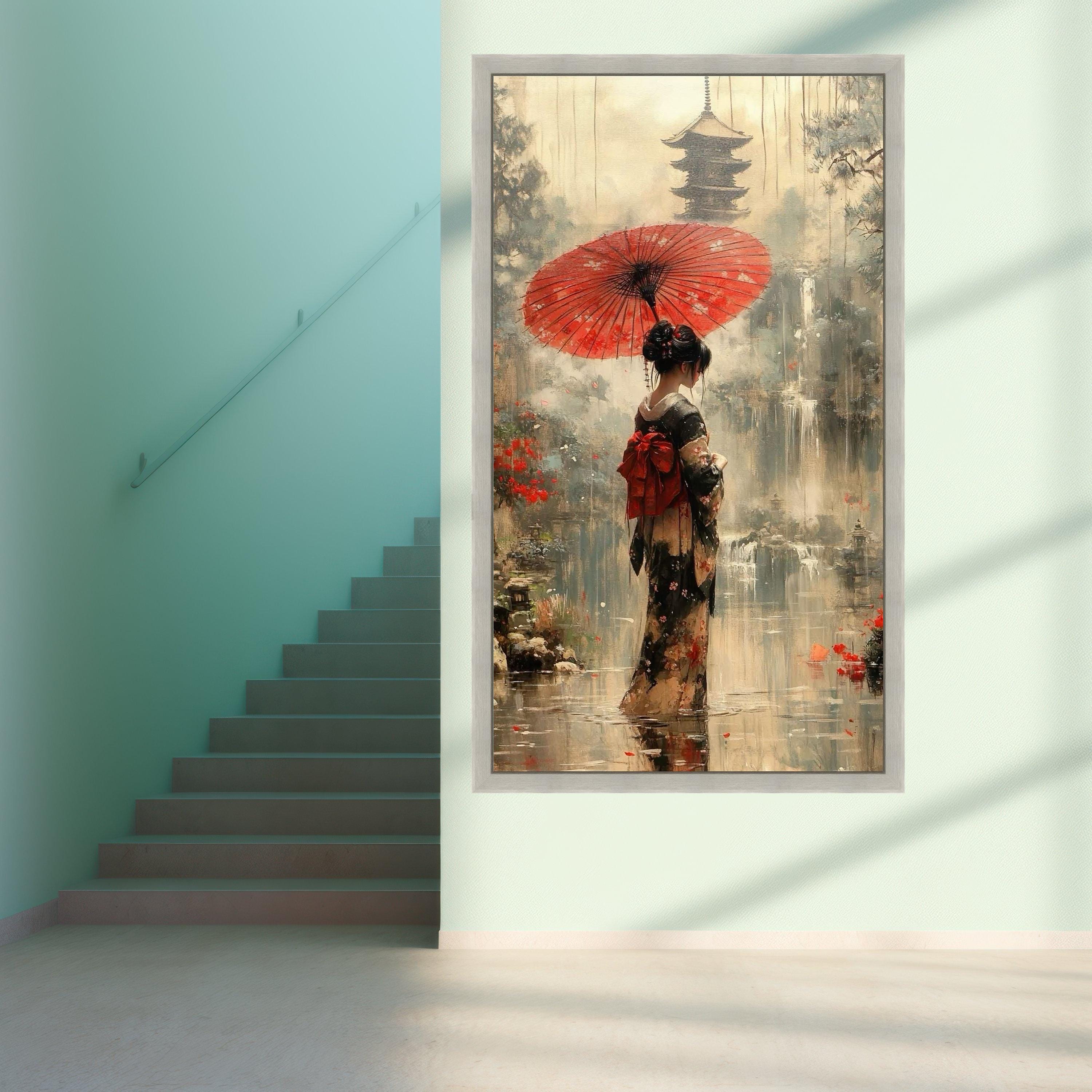 Elegant Japanese Woman With Red Umbrella Canvas, Traditional Kimono ...
