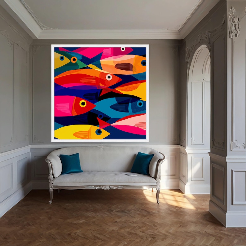 Colorful School of Fish Canvas, Abstract Marine Wall Art, Ocean Life ...