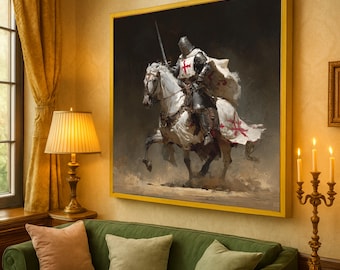 May include: A framed painting depicts a knight in shining armor on a white horse, holding a sword. The knight's shield and cape feature a red cross. The artwork is set against a dark background, framed in gold, and hangs above a green sofa.