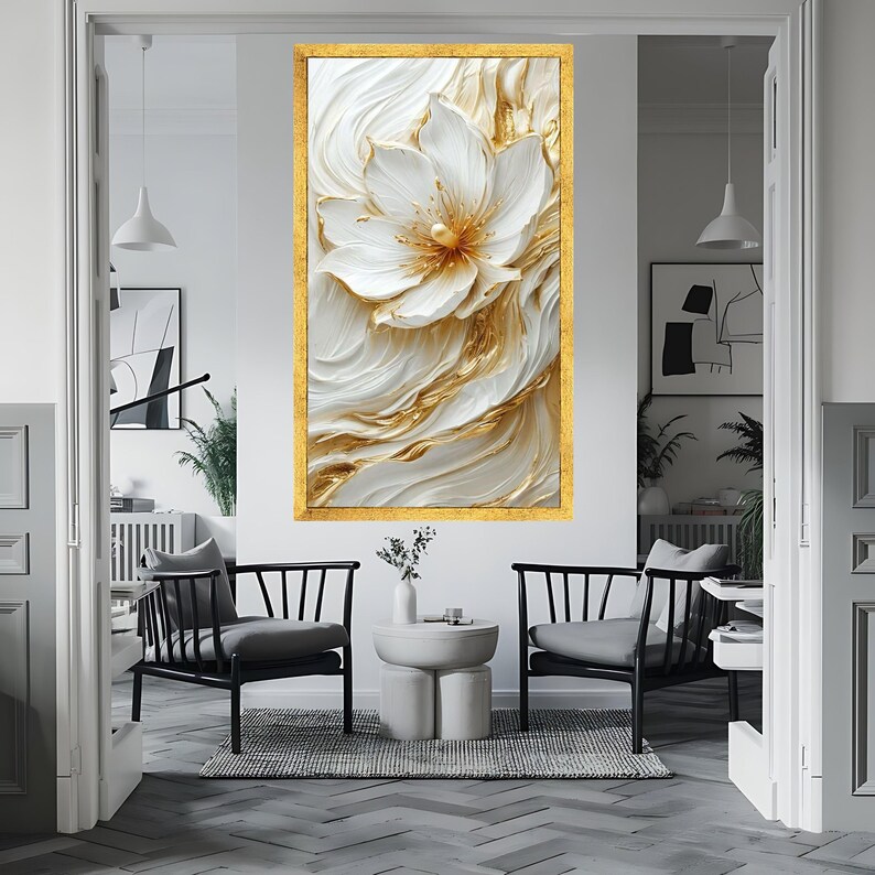 Elegant White and Gold Flower Canvas, Luxurious Floral Wall Art, Modern ...