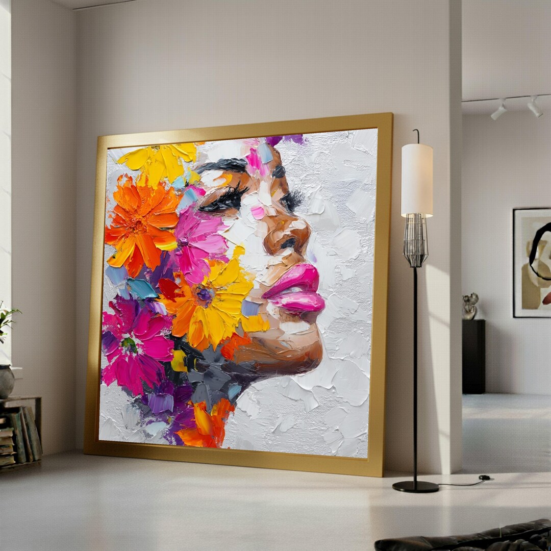 Colorful Floral Portrait Canvas Wall Art, Abstract Woman Face With ...