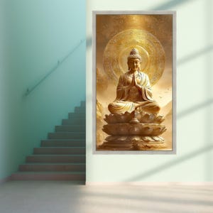Golden Buddha Statue Canvas, Meditation Wall Art, Spiritual Zen Home Decor, Sacred Lotus Sculpture Canvas, Mindfulness Artwork image 4
