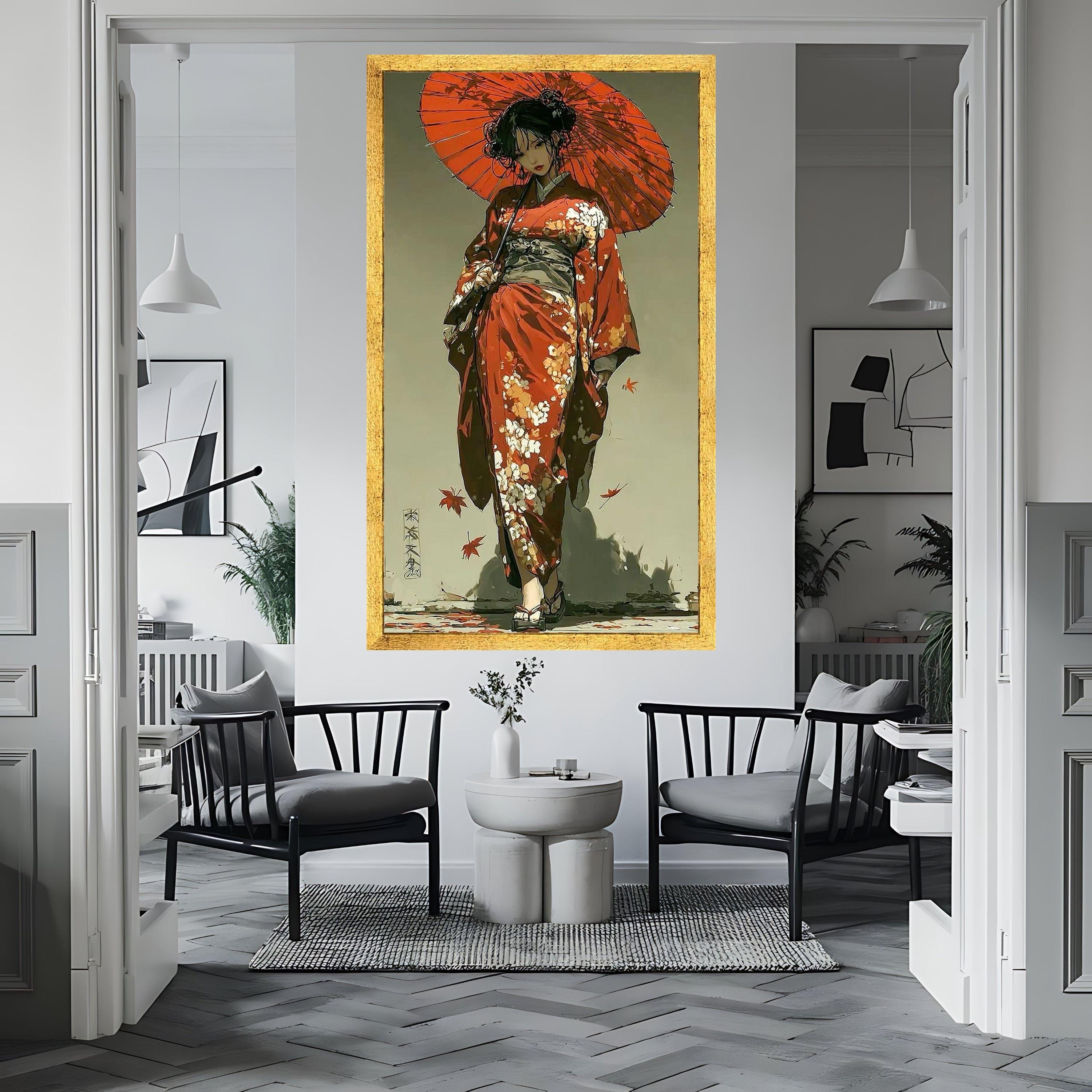 Geisha With Red Umbrella Canvas Print, Japanese Wall Decoration ...