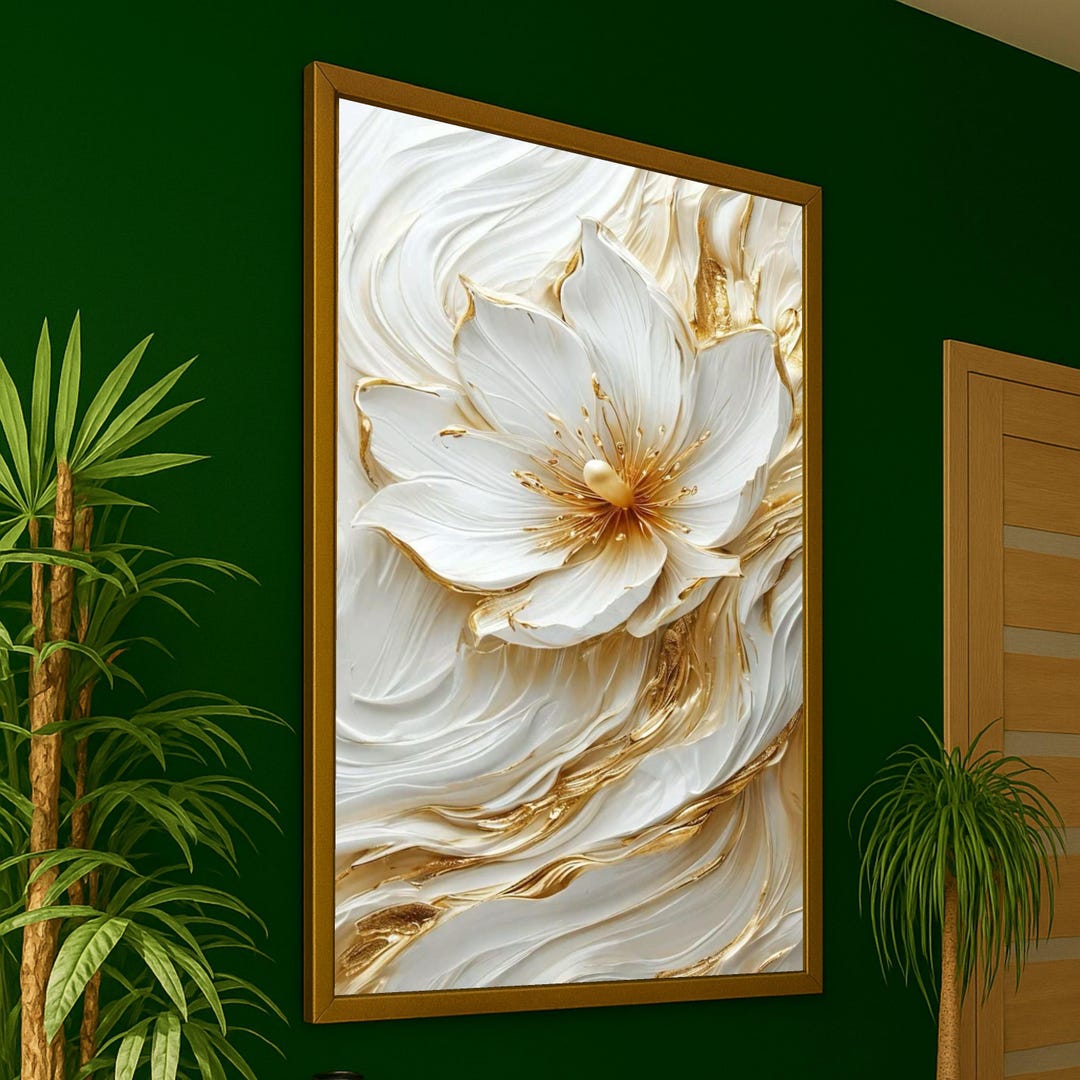 Elegant White and Gold Flower Canvas, Luxurious Floral Wall Art, Modern ...