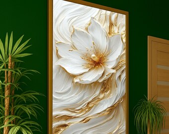 Elegant White and Gold Flower Canvas, Luxurious Floral Wall Art, Modern Home Decoration, Ready to Hang Canvas