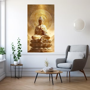 Golden Buddha Statue Canvas, Meditation Wall Art, Spiritual Zen Home Decor, Sacred Lotus Sculpture Canvas, Mindfulness Artwork image 6